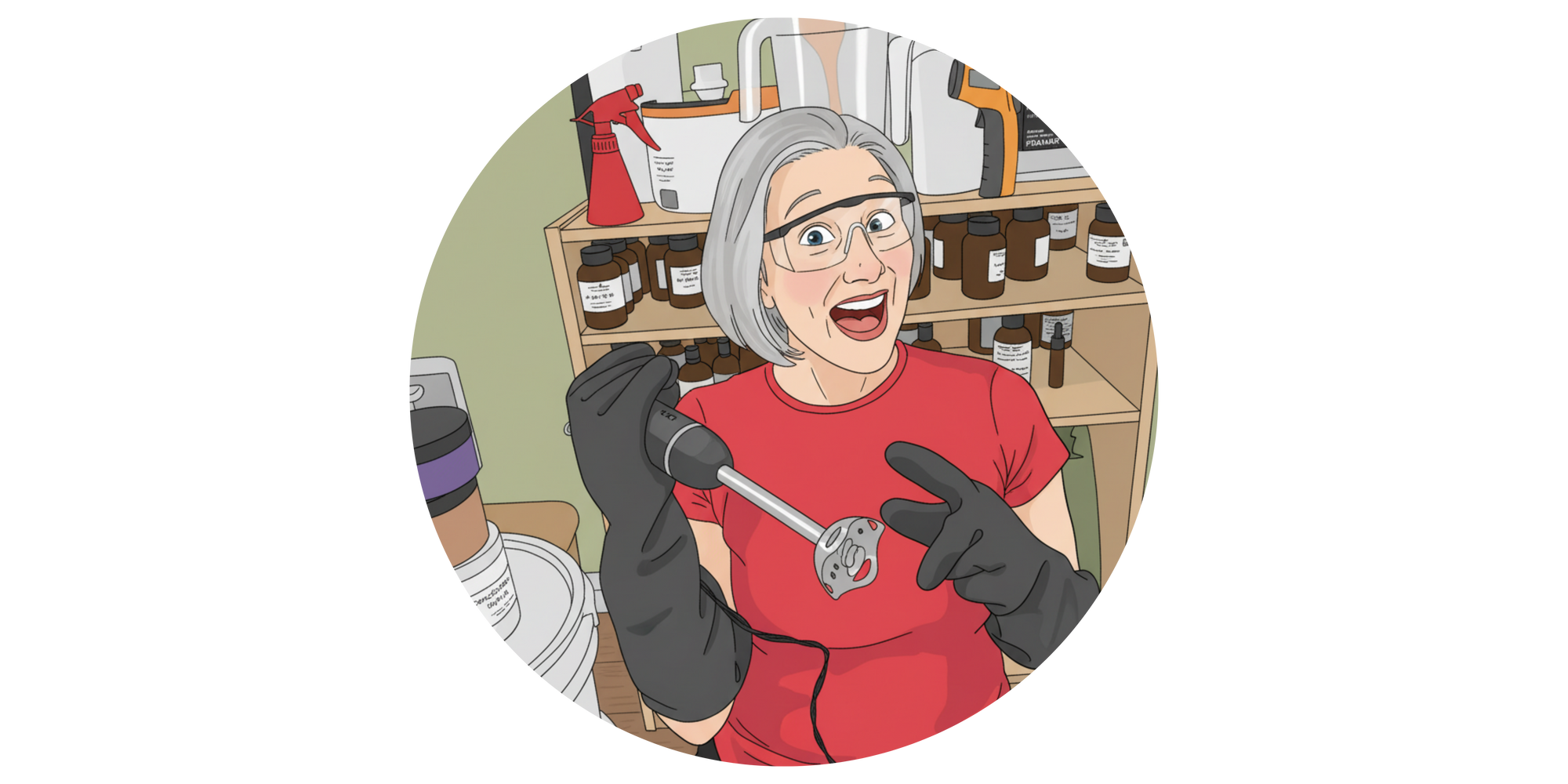 Cartoon illustration of a woman with a tool in a workshop setting
