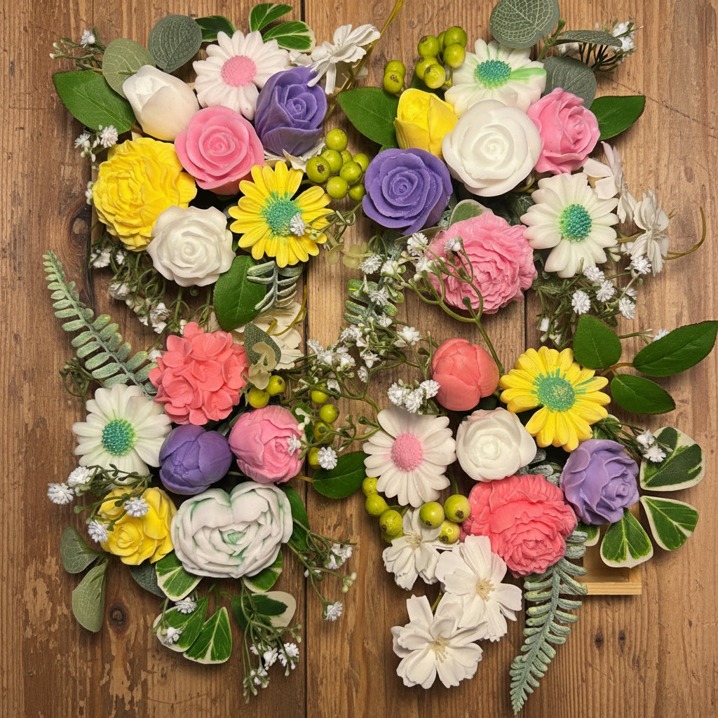Colorful flower arrangement on a wooden board with greenery