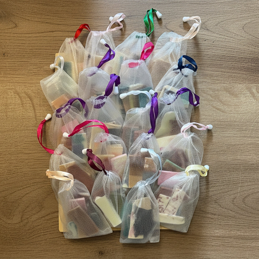 Small bags with various soap slices inside on a textured surface