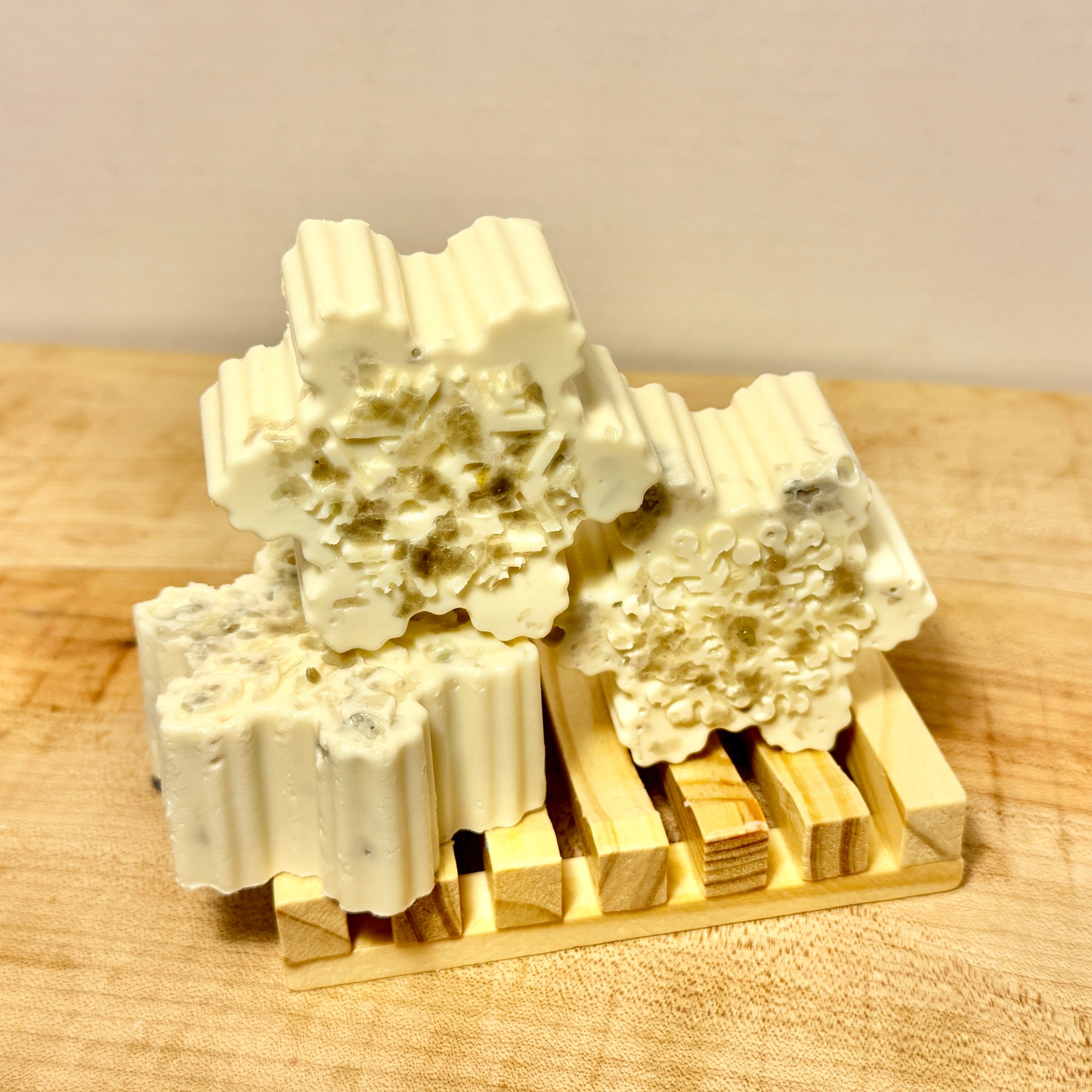 white snowflake soaps with twinkle mica